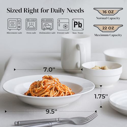 Dowän Soup and Pasta Bowls Set of 4, White Porcelain, 20 Ounces, Microwave & Dishwasher Safe