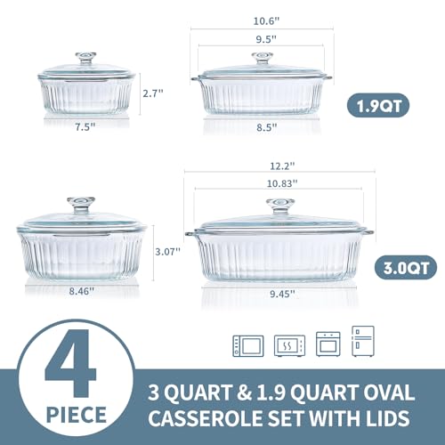 MCIRCO 4-Piece Glass Casserole Set, 1.9 Qt & 3 Qt Baking Dishes with Lids